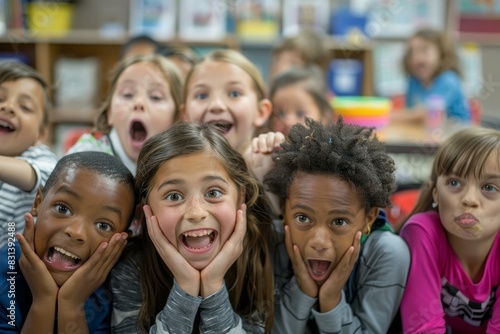 Group of joyful diverse kids showing various expressions in a classroom setting