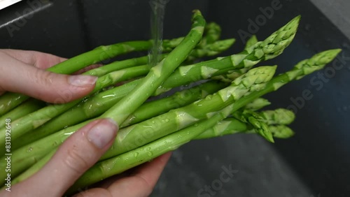 Close up of Woman Hands Washing Asparagus in the Kitchen Sink. Washing vegetables by hand before cooking.