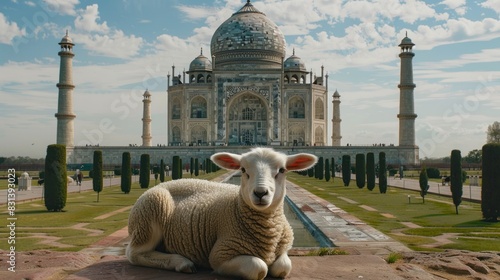 Charming Scene Featuring a Cute Lamb Resting Against the Iconic Taj Mahal, Offering a Delightful Blend of Nature and History.