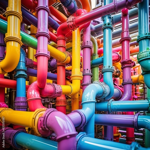 A Colorful Pipe System With Many Different Colored Pipes, Brightly colored industrial pipes weaving together intricately