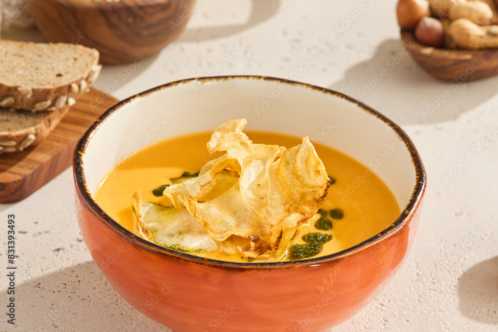 Delicious Pumpkin Cream Soup with Crisp Celery Chips and Rustic Bread on Light Background Delicious Pumpkin Cream Soup with Crisp Celery Chips and Rustic Bread on Light Background