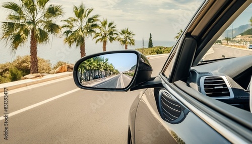 A cars rear view mirror reflects palm trees in the background as it drives down the road, A sporty convertible with palm trees reflected in its rearview mirror