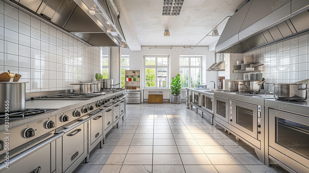 Bright Commercial Kitchen With Stainless Steel Appliances During Daytime Bright Commercial Kitchen With Stainless Steel Appliances During Daytime