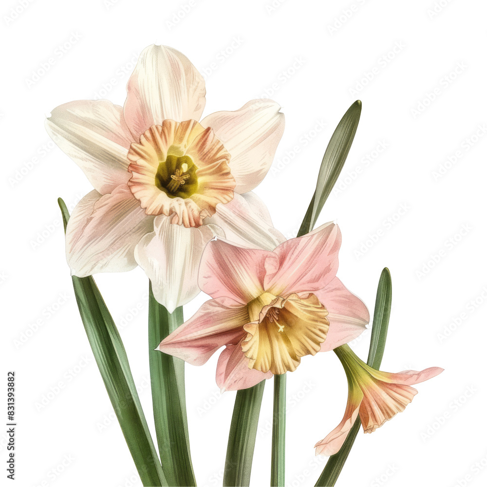 Fototapeta premium Bouquet of flowers and tulips isolated on white background with pink, purple, and yellow blossoms in full bloom, showcasing the beauty of spring and summer flora