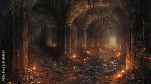 Ancient ruins with torchlit corridors and hidden chambers  dark tones  realistic  highdetail illustration  mysterious and adventurous 