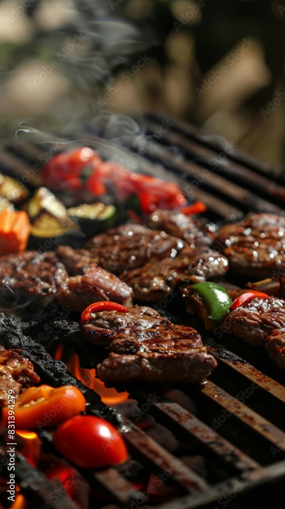 Grilled steaks and vegetables on a smoky barbecue. Ideal for summer gatherings and festive outdoor meals. Tasty summer food. Grilled steaks and vegetables on a smoky barbecue. Ideal for summer gatherings and festive outdoor meals. Tasty summer food.