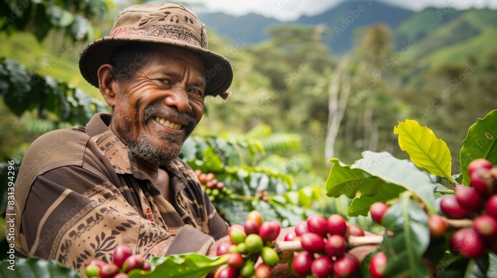 A man stands amidst a vast field of coffee beans, surrounded by lush green plants and ripe coffee cherries. A man stands amidst a vast field of coffee beans, surrounded by lush green plants and ripe coffee cherries.