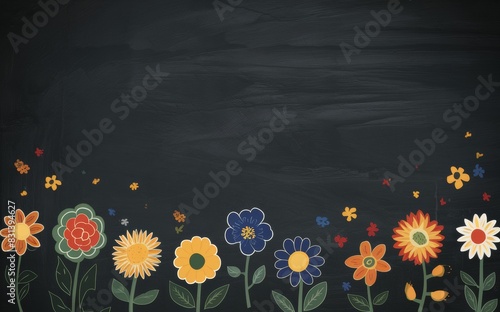 Drawing flowers on a blackboard background.