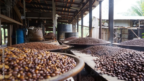 A warehouse storing a large quantity of coffee beans in sacks and containers, awaiting distribution and processing.