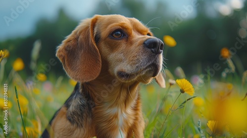 Dog Sitting in Field of Yellow Flowers