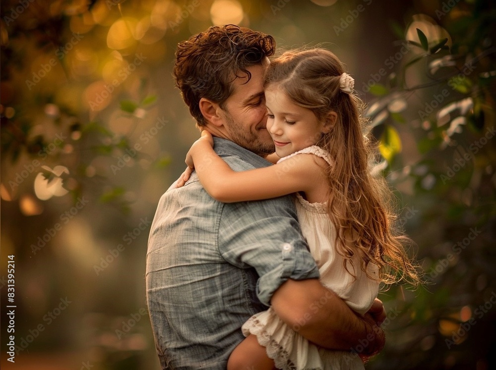 Fototapeta premium Stunning high-resolution photos of a father hugging his five-year-old daughter during a walk in the park. Photography that emphasizes and conveys the purity of emotions. Family