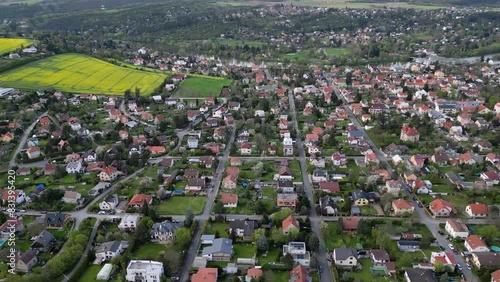 Řevncie Revnice, Czech suburb town village near Prague aerial drone panorama view of street and houses photo