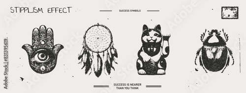 Maneki Neko, horseshoe, clover, evil eye, dream catcher. Talisman, amulet, good luck symbol, fortune, success, prosperity concept. Noise effect vector illustration
