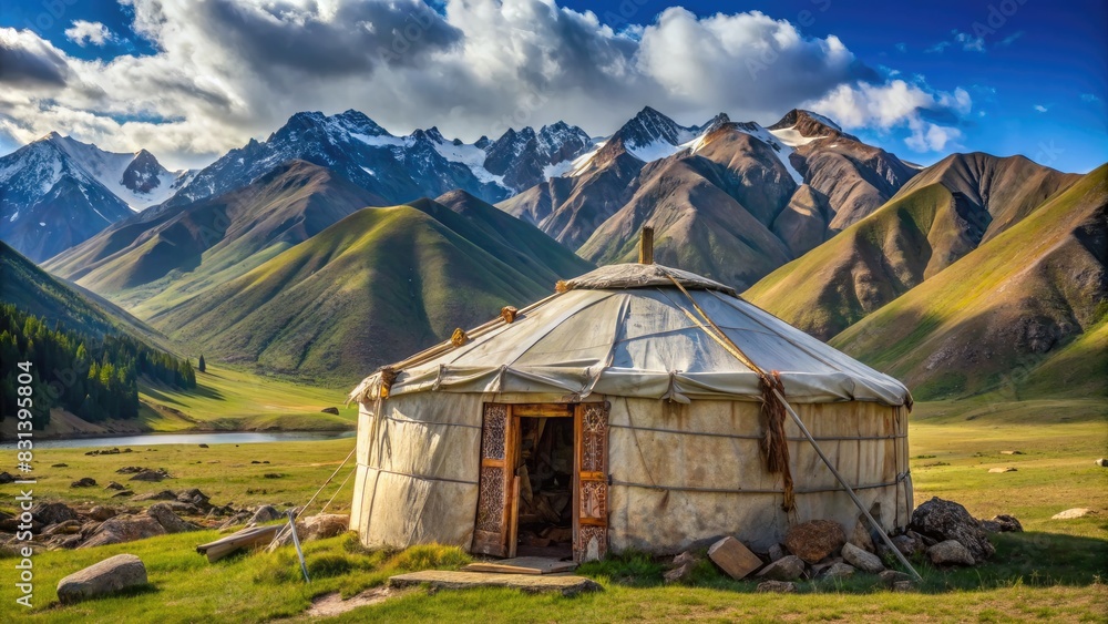 Yurt Amid Field With Altai Mountains. Generative AI
