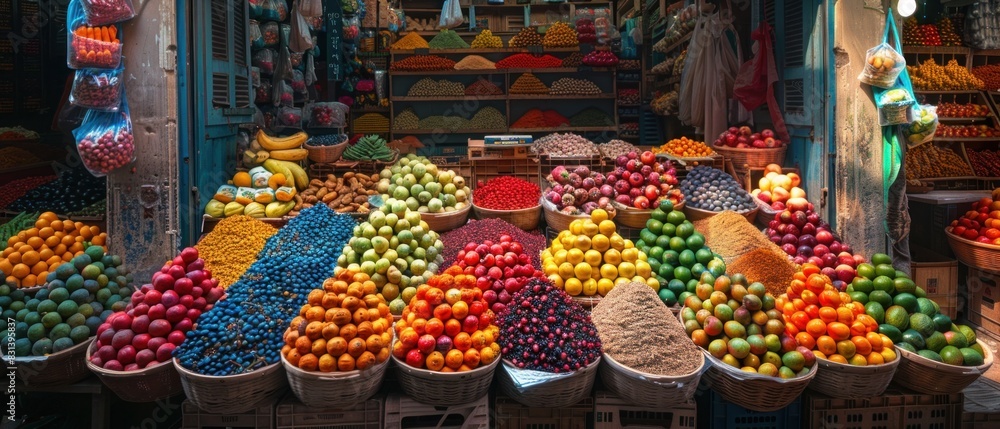 A bustling marketplace alive with color and activity, the vibrant array of fruits and spices arranged in perfect symmetry, each detail captured with stunning clarity