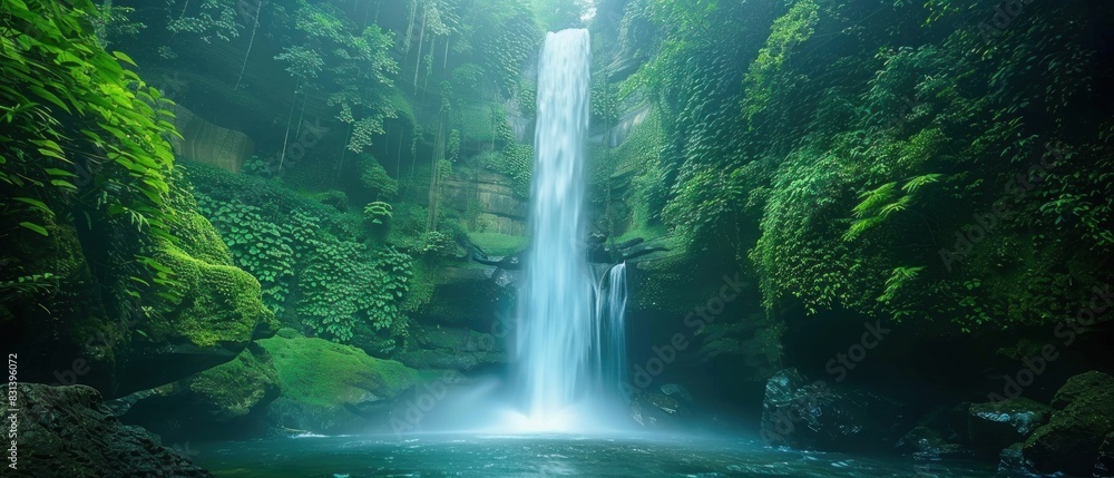 A cascading waterfall hidden deep within a lush rainforest, the roaring water captured in motion, its power and beauty frozen in time