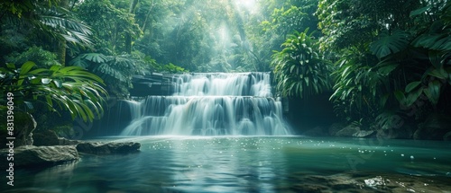 A cascading waterfall hidden deep within a lush rainforest  the roaring water captured in motion  its power and beauty frozen in time
