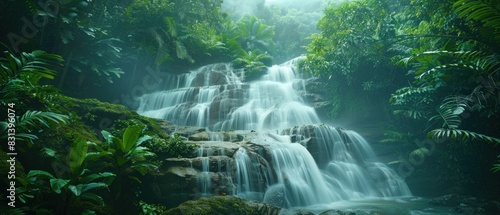 A cascading waterfall hidden deep within a lush rainforest  the roaring water captured in motion  its power and beauty frozen in time