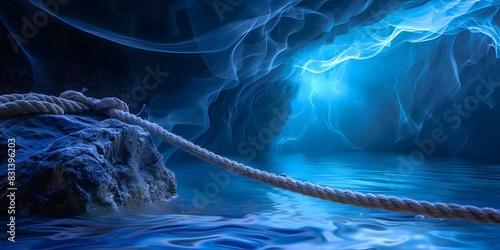 A rope tethered to a rock in a captivating electric blue seascape. Concept Seascape Photography, Rock Tethered Rope, Electric Blue, Captivating View photo