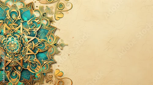 Fototapeta A Golden and Turquoise Mandala Adorning the Left Side, Radiating Beauty and Harmony.