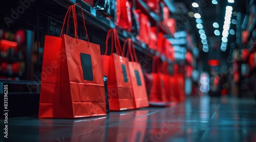 Row of Red Shopping Bags in Store photo