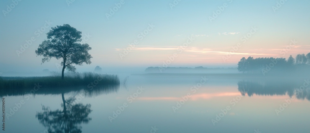 Fototapeta premium A serene lakeside at dawn, the soft hues of the sky blending seamlessly with the calm waters, captured in the crisp clarity