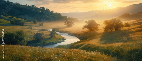 A serene countryside vista, with rolling hills and a winding river cutting through the landscape, the soft colors of dawn captured in exquisite detail