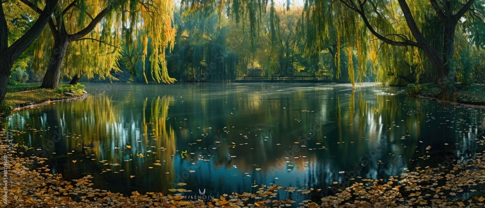 Obraz premium A tranquil pond surrounded by weeping willows, their graceful branches trailing in the water, the serene scene reflected with crystal clarity