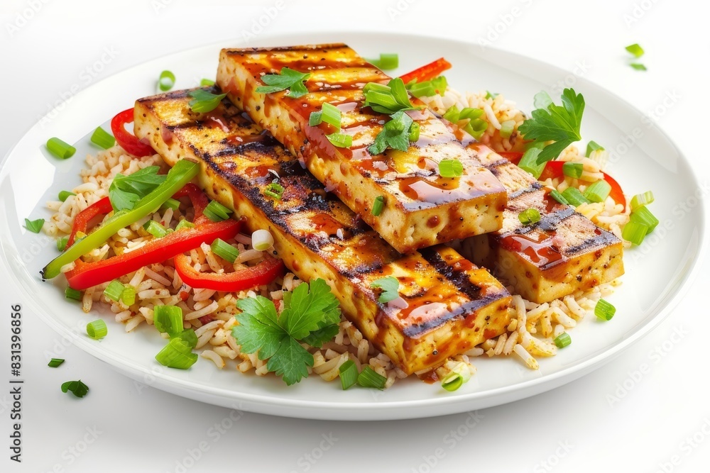 Colorful Vegan BBQ Tofu on Cajun Rice with Fresh Herbs Colorful Vegan BBQ Tofu on Cajun Rice with Fresh Herbs