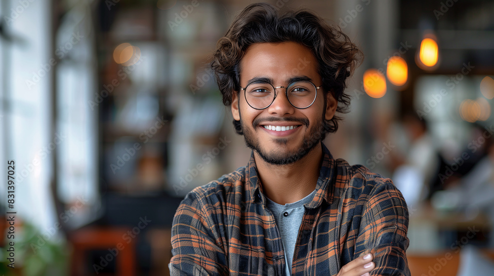 Fototapeta premium Smiling young man with glasses and curly hair in a plaid shirt, in a modern office background