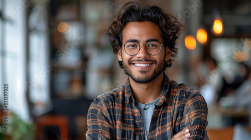 Smiling young man with glasses and curly hair in a plaid shirt, in a modern office background