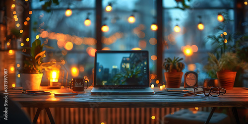 closeup of a blurred desk in an office ambiance with blurry objects and soft lighting Macro Photography and RealTime Eye AF highlight the textures and muted colors photo