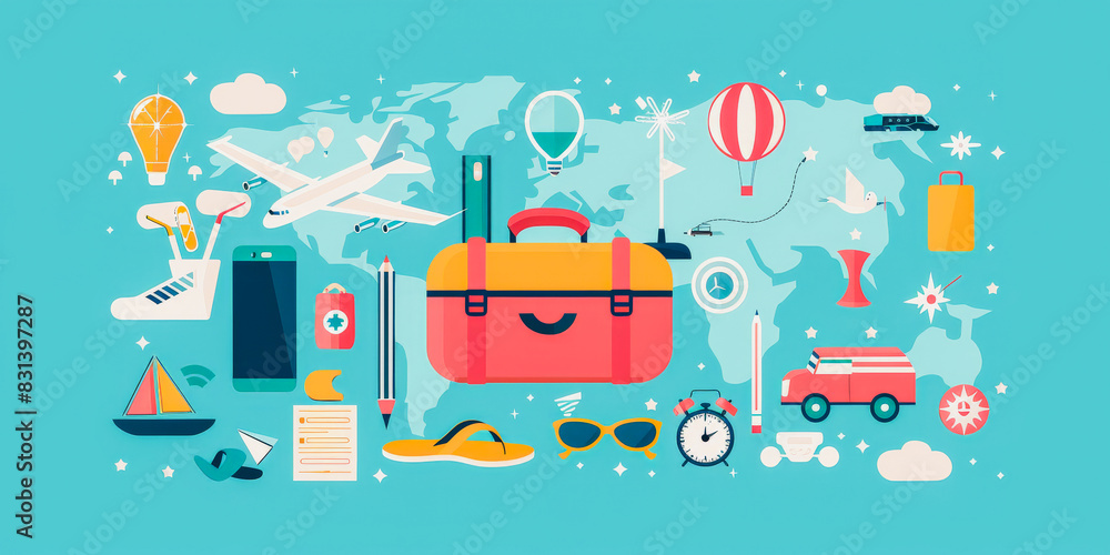 A colorful image of a suitcase with various items such as a cell phone, a bottle A colorful image of a suitcase with various items such as a cell phone, a bottle