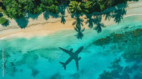 A plane is flying over a beach with palm trees
