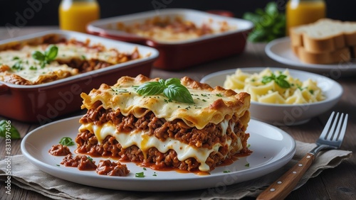 Indulgent Italian lasagna with rich meat sauce, creamy béchamel, and melted cheese layers, topped with fresh basil and served with garlic bread in a cozy rustic dining setting.