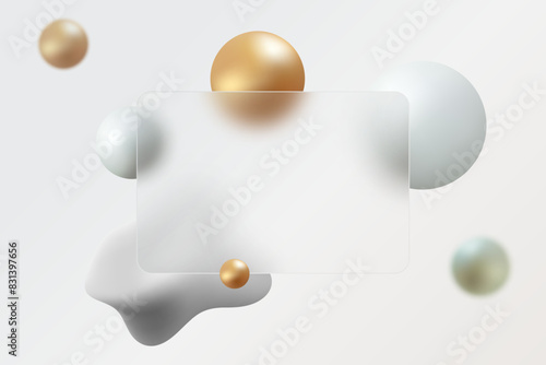 Rectangular banner made of transparent glass with voluminous gold and white spheres. Realistic glass morphism shape.