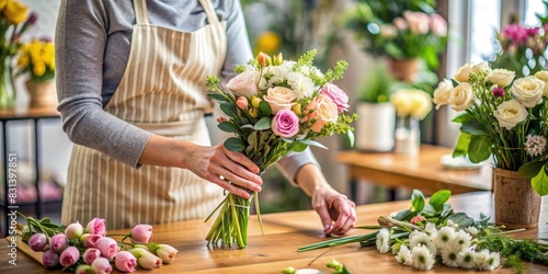 Woman Arranging Flowers in a Flower Shop. Generative AI photo