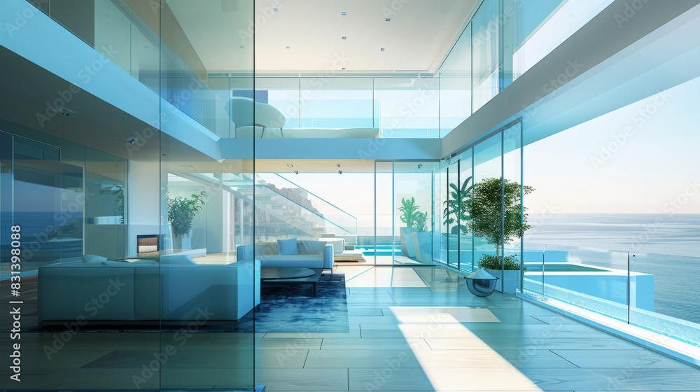 A living room interior featuring a large window with a view of the vast ocean. A living room interior featuring a large window with a view of the vast ocean.