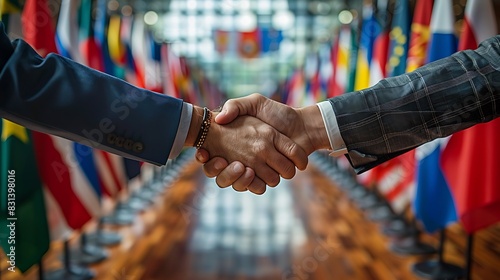 Business handshake close-up with international flags in the background, emphasizing hand textures and accessories, blurred flags from different countries, global business.