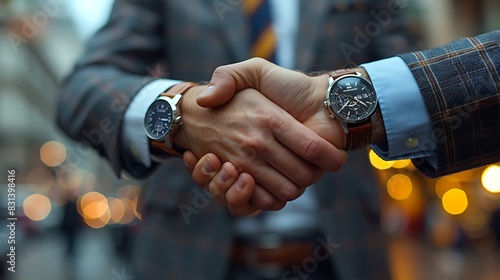 Businessmen shaking hands close-up, emphasizing the texture of their skin, stylish wristwatches, and blurred office elements, professional setting, high-definition image, 16:9 ratio 