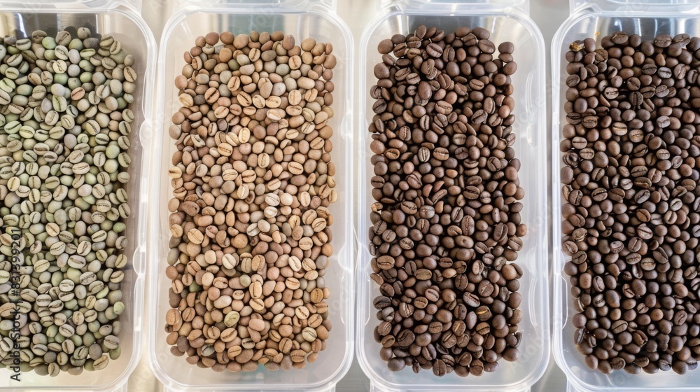 Four clear containers display coffee beans at different roast levels, ranging from green to dark brown, lined up in daylight. Four clear containers display coffee beans at different roast levels, ranging from green to dark brown, lined up in daylight.