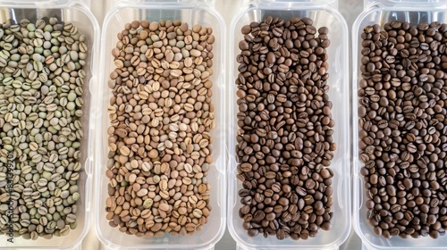 Four clear containers display coffee beans at different roast levels, ranging from green to dark brown, lined up in daylight.