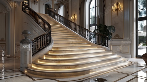 A grand staircase with a classic design and a modern twist  featuring LED-lit steps