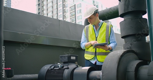 A Engineer man looking inspecting maintenance insulated pipelines valve pump control on the roof at an industrial site. He is wearing a hard hat and safety vest