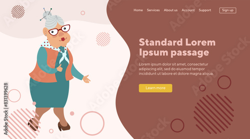 Old lady character pointing aside and showing thumb up. Vector illustration. Senior woman with retro hairstyle and in glasses. Advertising, retirement concept  for banner, website design, landing page
