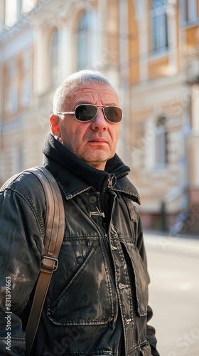 A man wearing a leather jacket and sunglasses