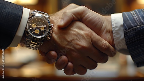 Close-up of a handshake between businessmen, focusing on the detailed textures of hands, luxurious watches, blurred office background, professional and dynamic, high-definition, 16:9 ratio 
