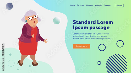 Old lady in glasses showing thumb up. Flat vector illustration. Senior woman pointing at copyspace. Advertising, feedback, retirement concept  for banner, website design, landing page