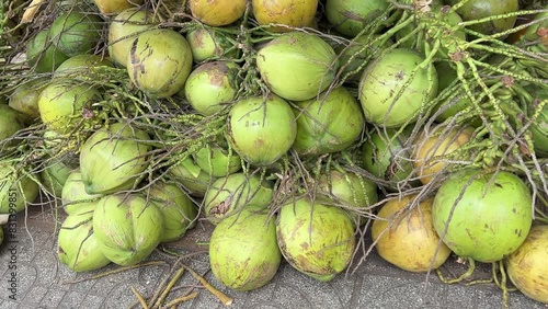 4K resolution footage of coconut water seller in street. Set of coconuts ready to be sold photo