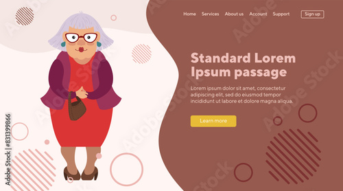 Old lady with bag flat vector illustration. Grandmother in glasses and retro dress. Senior woman, old age, retirement concept for banner, website design or landing page